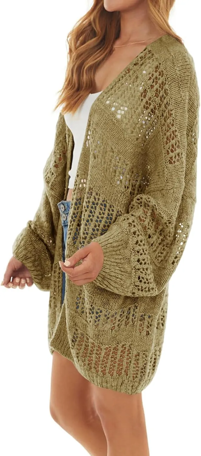 Newffr Womens Lightweight Crochet Oversized Cardigan Sweaters Kimono Boho Long Sleeve Open Front Knitted Cover Ups