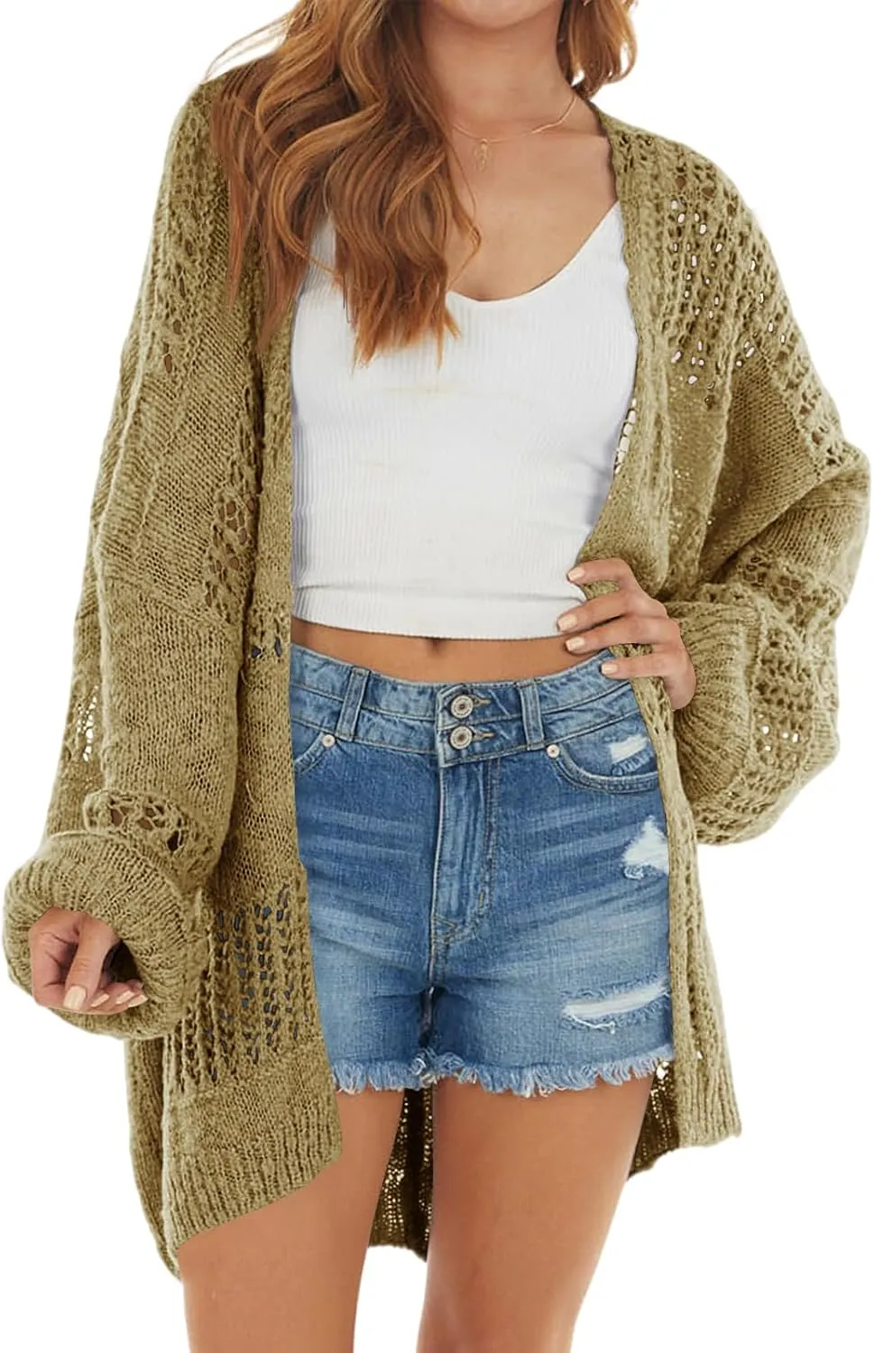 Newffr Womens Lightweight Crochet Oversized Cardigan Sweaters Kimono Boho Long Sleeve Open Front Knitted Cover Ups