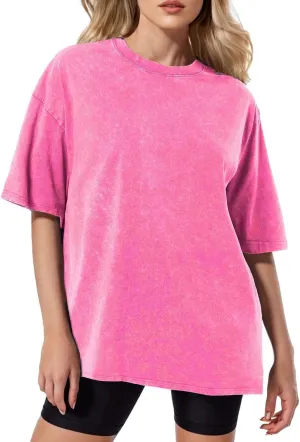 Oversized T-Shirts for Women Summer Short Sleeve Going Out Crewneck Tops Vintage Washed Cotton Loose Fit Tee Shirts