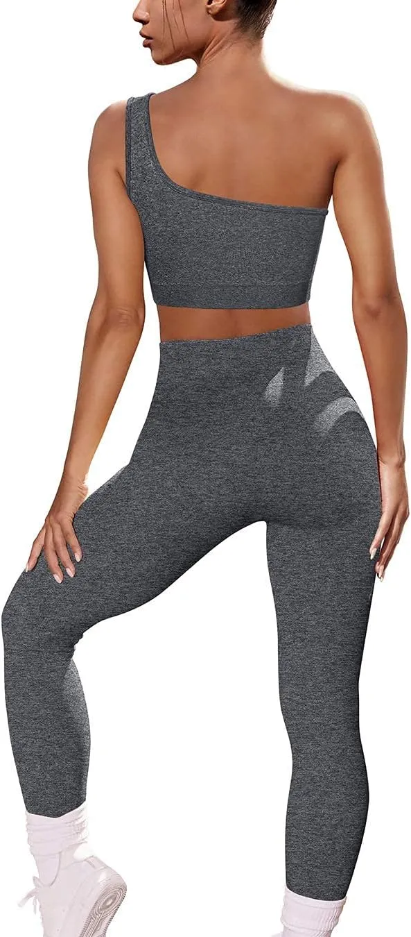 OYS Workout Sets for Women 2 Piece Seamless High Waist Running Leggings Yoga Gym One Shoulder Sports Bra Outfits