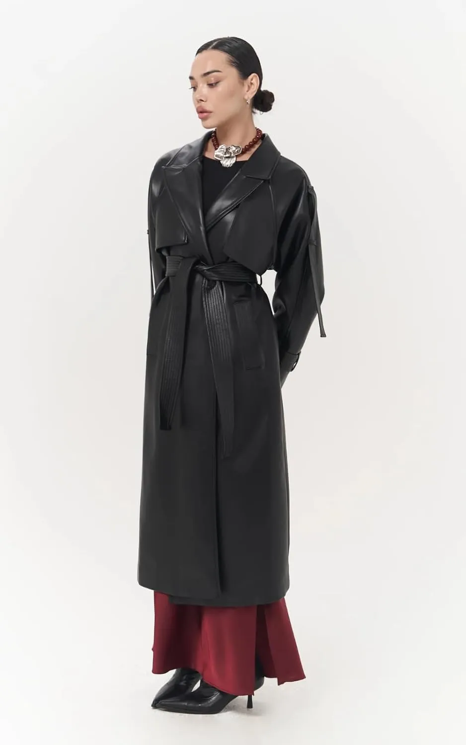 PIRAL Women's Faux Leather Herringbone Wool Trench Coat – Oversized Fit, Side Pockets, Model Size XS/S for Timeless Elegance