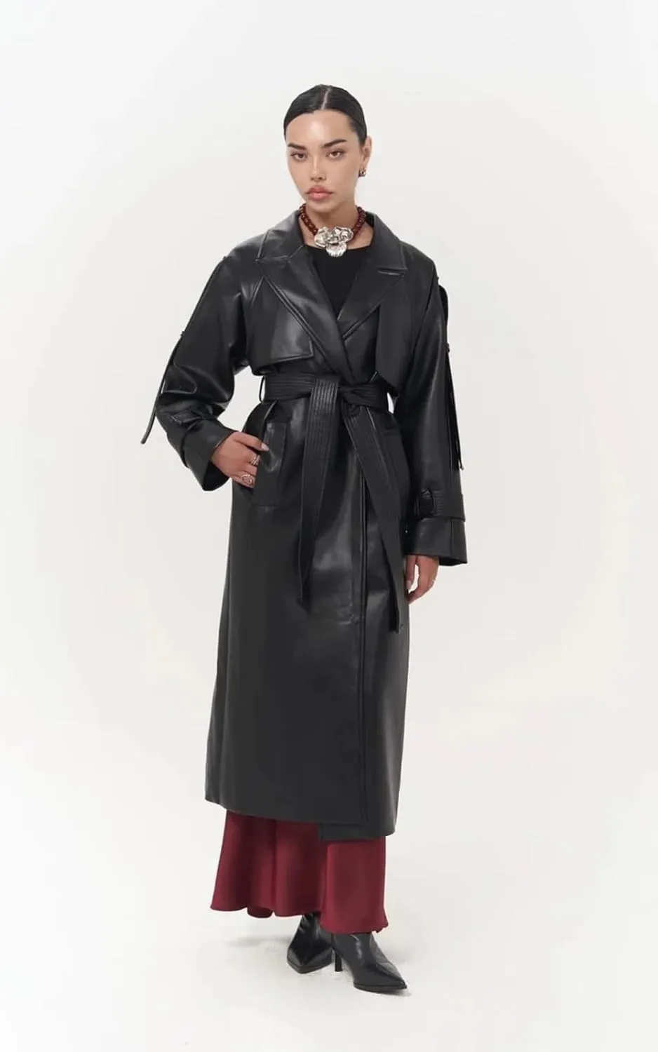 PIRAL Women's Faux Leather Herringbone Wool Trench Coat  Oversized Fit, Side Pockets, Model Size XS/S for Timeless Elegance