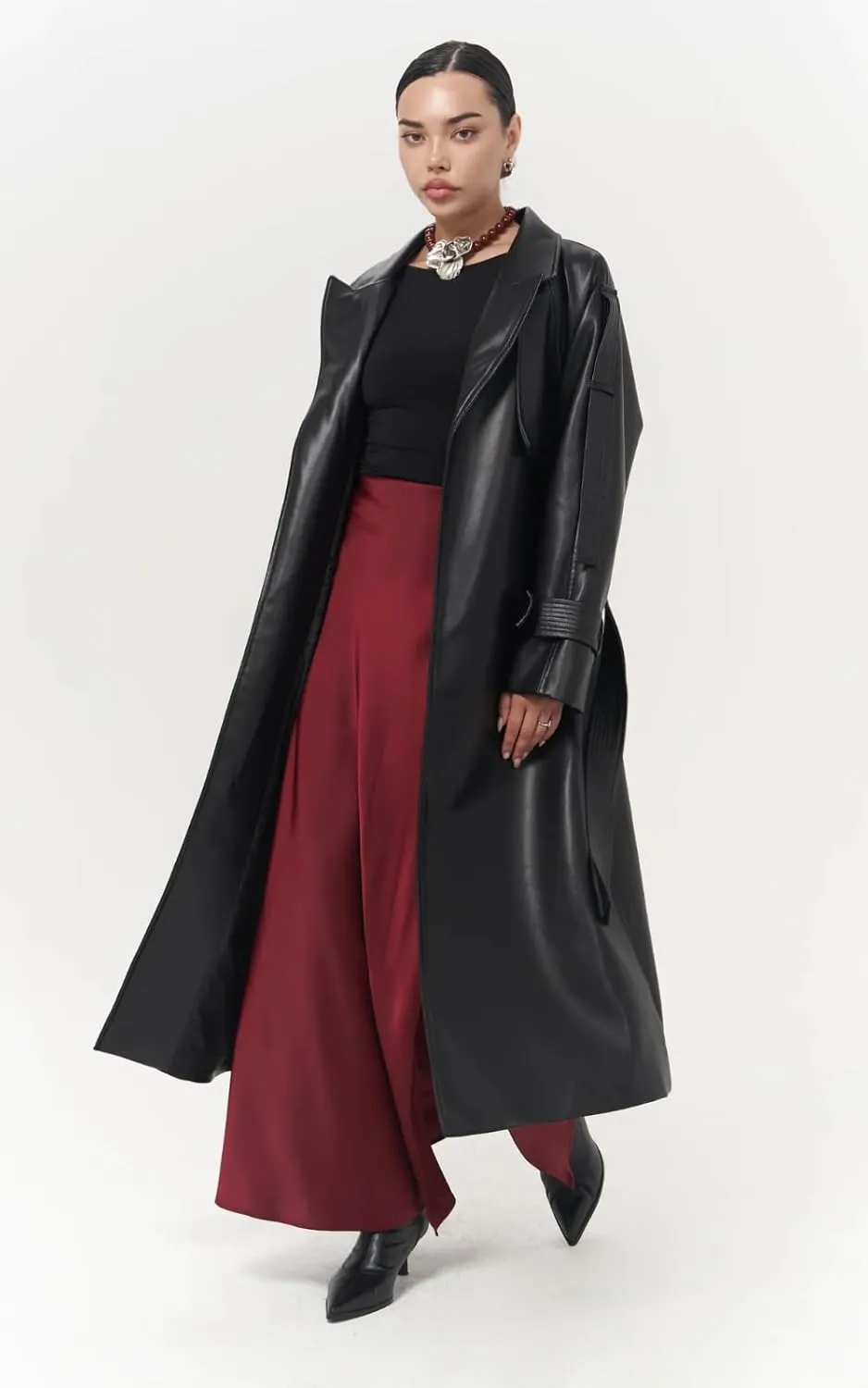 PIRAL Women's Faux Leather Herringbone Wool Trench Coat  Oversized Fit, Side Pockets, Model Size XS/S for Timeless Elegance