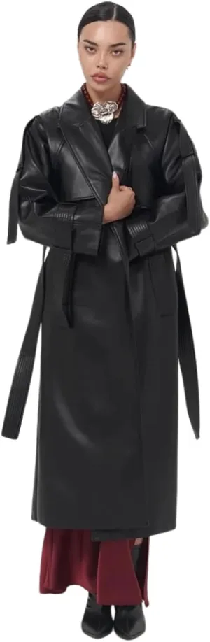 PIRAL Women's Faux Leather Herringbone Wool Trench Coat – Oversized Fit, Side Pockets, Model Size XS/S for Timeless Elegance