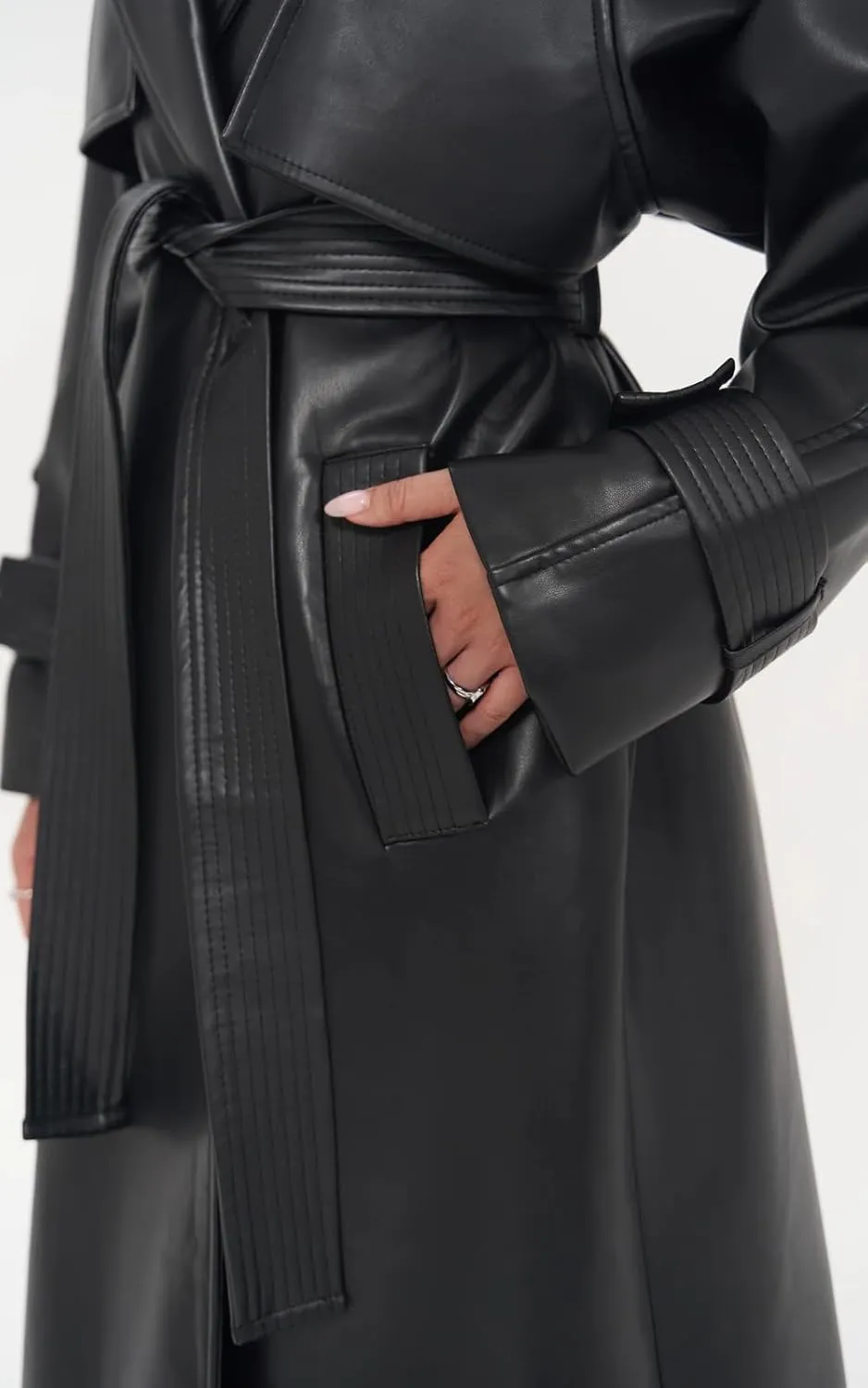 PIRAL Women's Faux Leather Herringbone Wool Trench Coat – Oversized Fit, Side Pockets, Model Size XS/S for Timeless Elegance