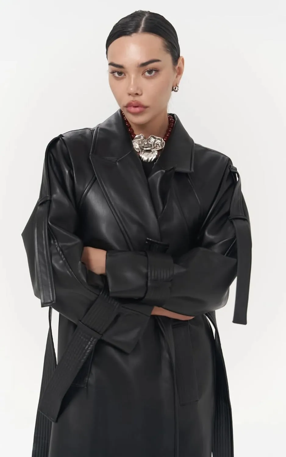 PIRAL Women's Faux Leather Herringbone Wool Trench Coat  Oversized Fit, Side Pockets, Model Size XS/S for Timeless Elegance