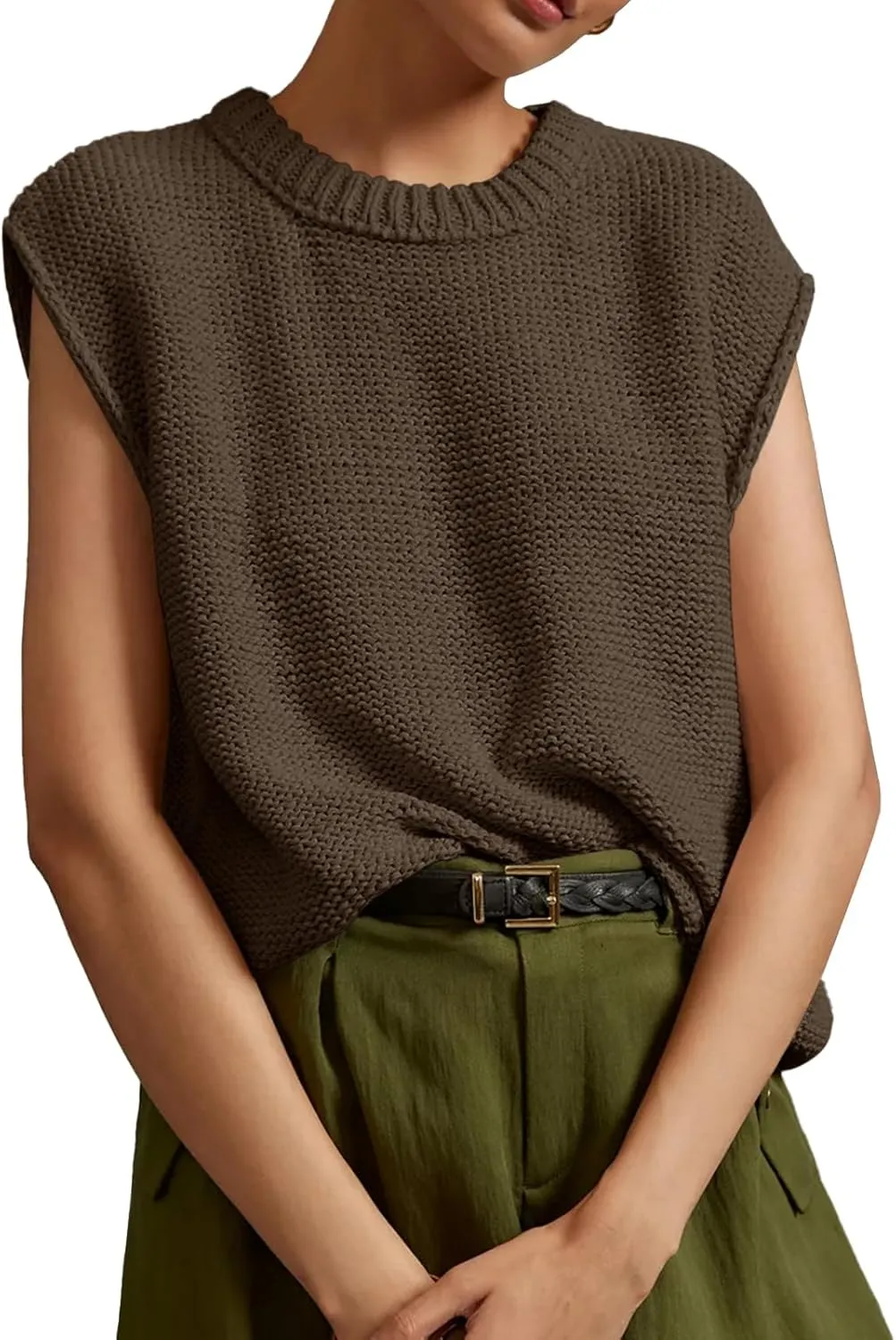 Saodimallsu Womens Sleeveless Crewneck Sweaters Ribbed Knit Tank Tops 2025 Trendy Sweater Vest