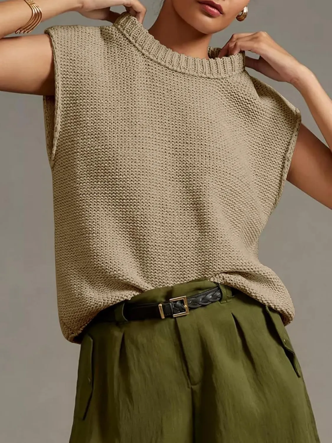 Saodimallsu Womens Sleeveless Crewneck Sweaters Ribbed Knit Tank Tops 2025 Trendy Sweater Vest