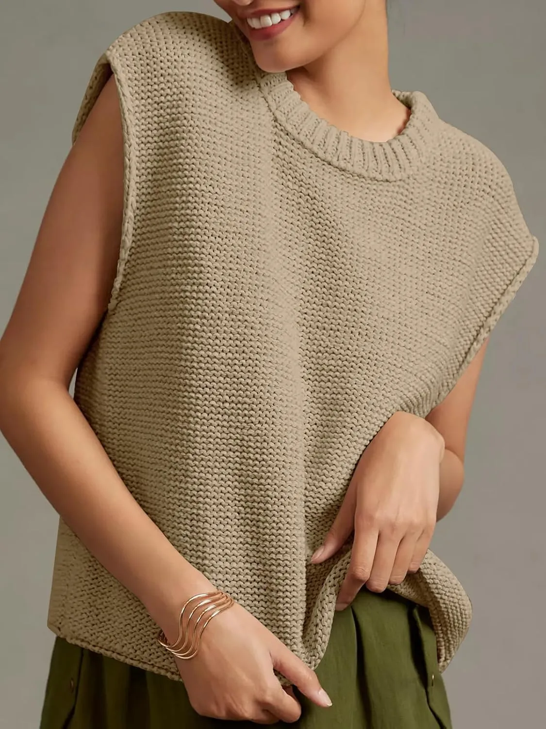 Saodimallsu Womens Sleeveless Crewneck Sweaters Ribbed Knit Tank Tops 2025 Trendy Sweater Vest