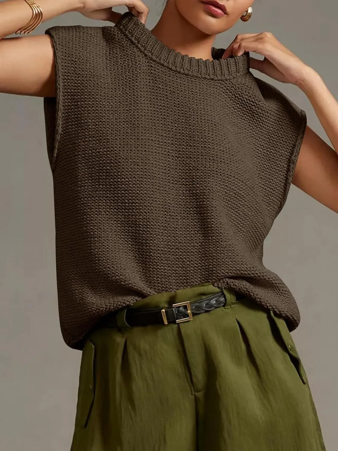 Saodimallsu Womens Sleeveless Crewneck Sweaters Ribbed Knit Tank Tops 2025 Trendy Sweater Vest