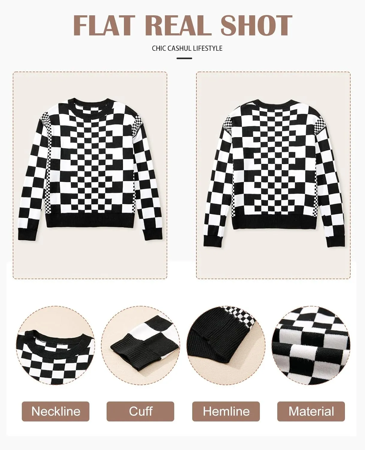 SELINK Women's Crewneck Sweaters Long Sleeve Checkered Print Loose Knitted Pullover Tops