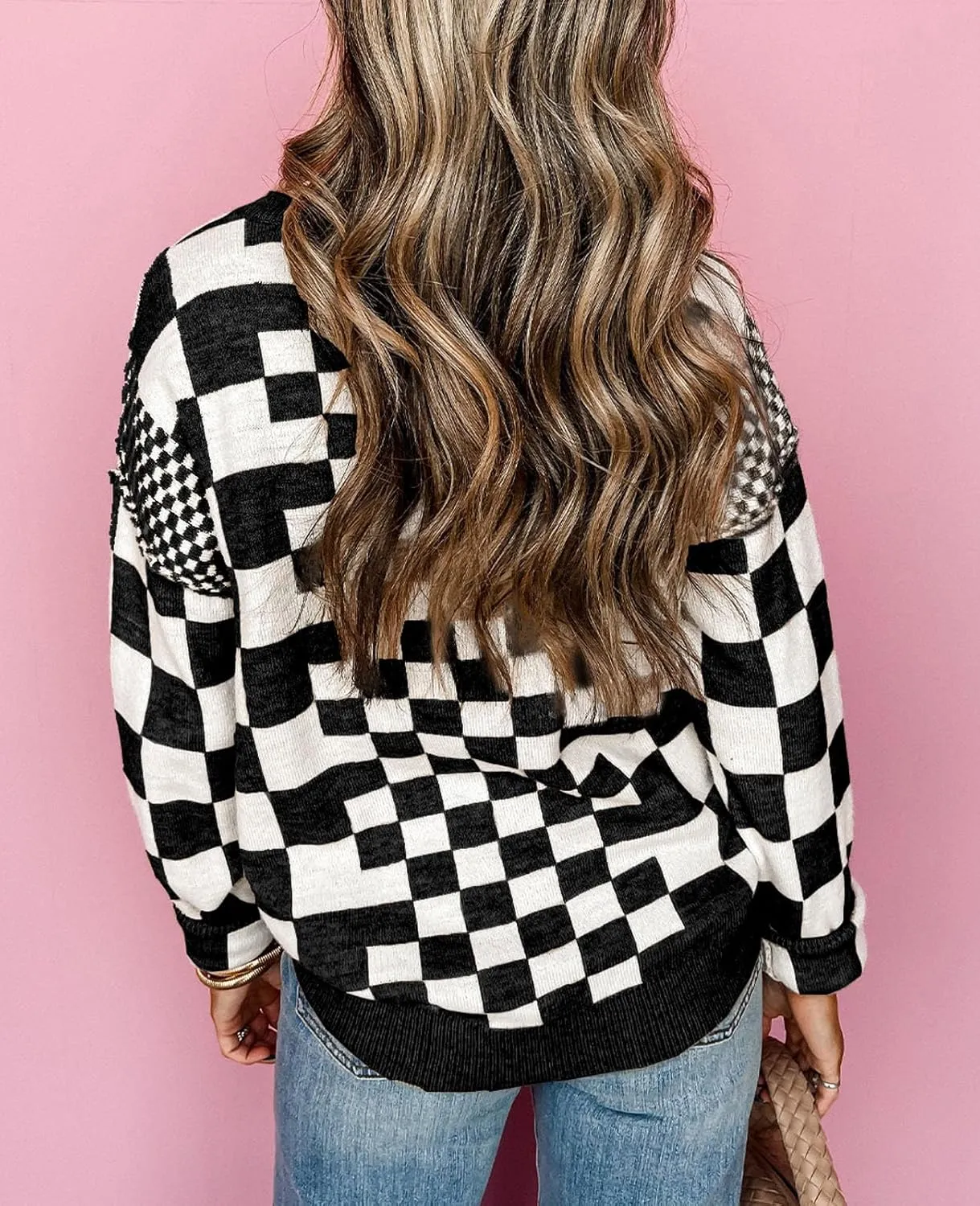 SELINK Women's Crewneck Sweaters Long Sleeve Checkered Print Loose Knitted Pullover Tops