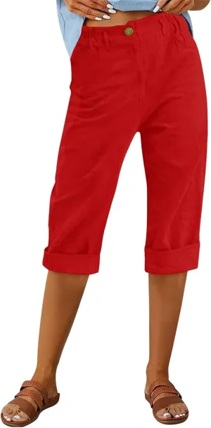 Summer Capri Pants Womens Casual Elastic Waist Cropped Trouser Fashion Resort Wear Beach Vacation Capris Clothes