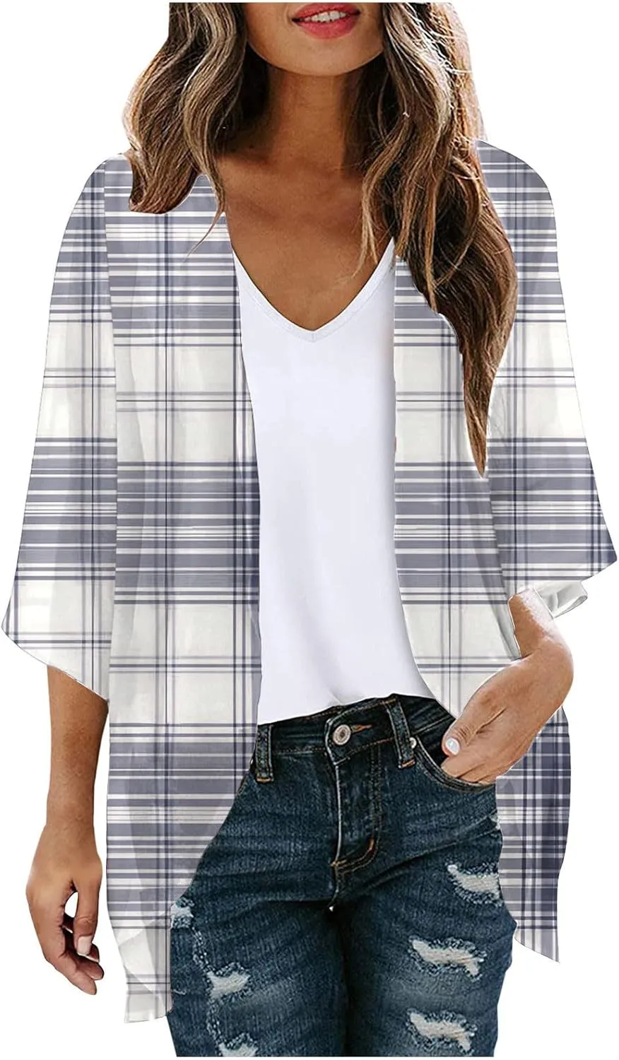 Summer Lightweight Cardigan for Women 3/4 Sleeve Chiffon Kimono Shrug Beach Cover Ups Boho Floral Swimsuit Coverup