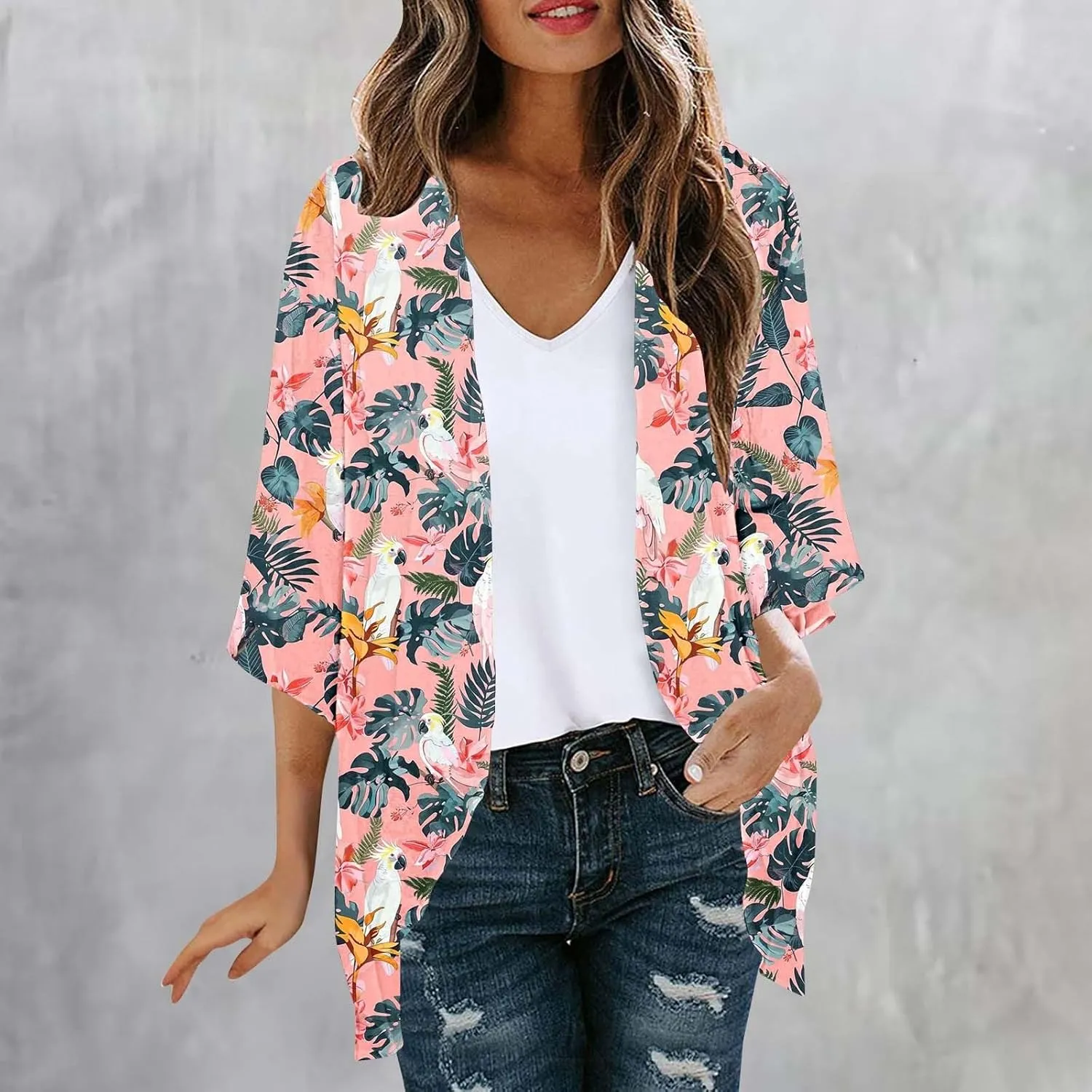 Summer Lightweight Cardigan Rash Guard for Women 3/4 Sleeve Chiffon Kimono Shrug Beach Cover Ups Floral Beach Coverup