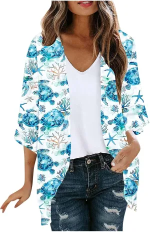 Summer Lightweight Cardigan Rash Guard for Women 3/4 Sleeve Chiffon Kimono Shrug Beach Cover Ups Floral Beach Coverup