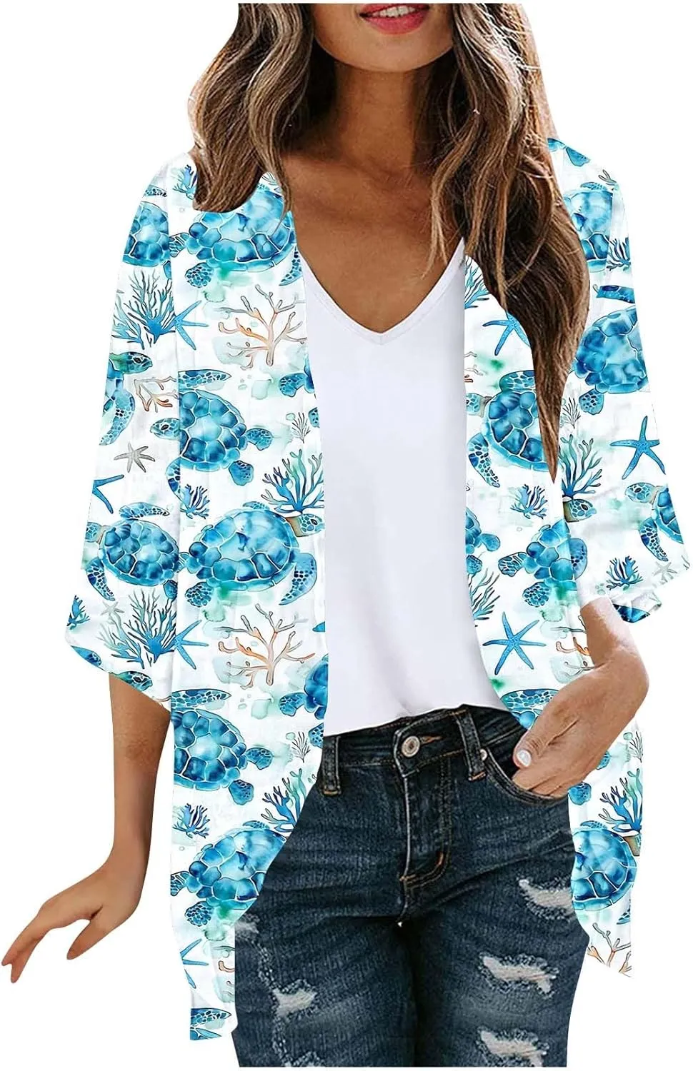 Summer Lightweight Cardigan Rash Guard for Women 3/4 Sleeve Chiffon Kimono Shrug Beach Cover Ups Floral Beach Coverup