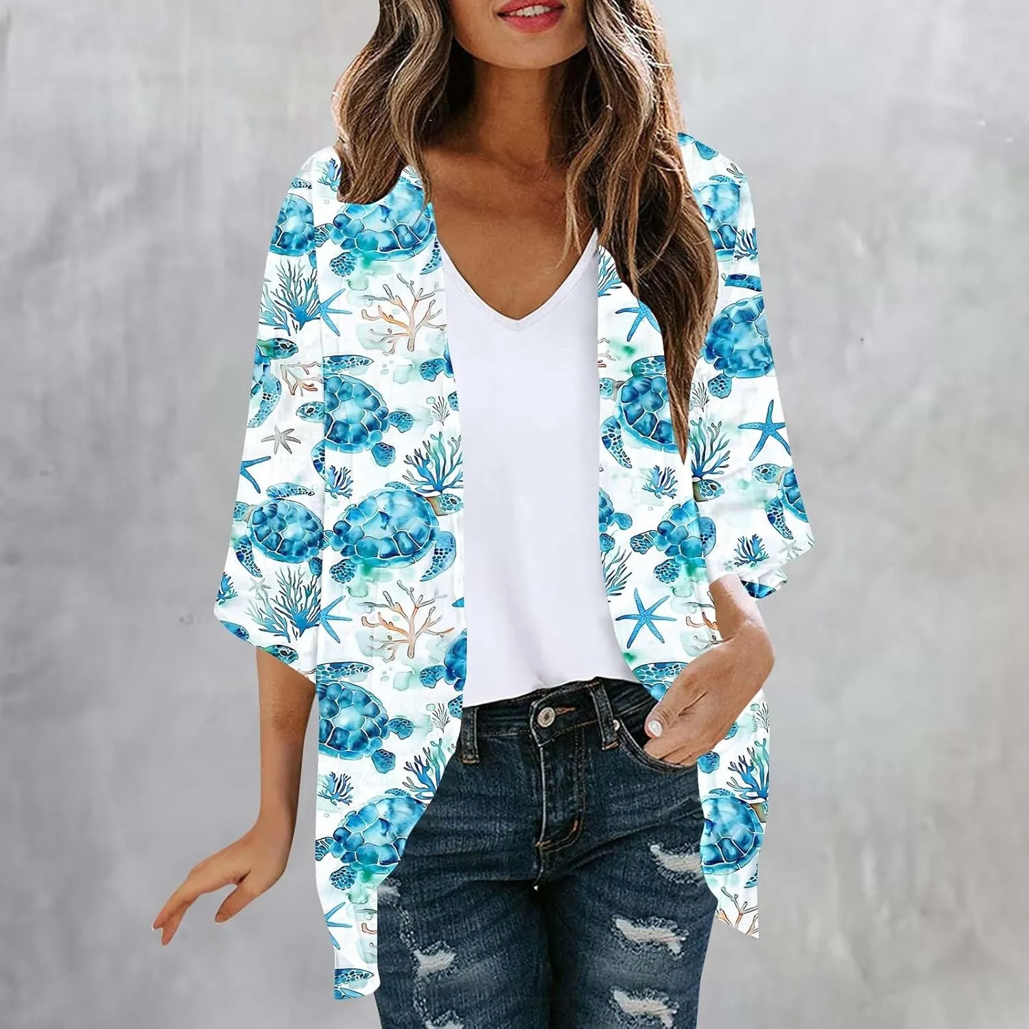 Summer Lightweight Cardigan Rash Guard for Women 3/4 Sleeve Chiffon Kimono Shrug Beach Cover Ups Floral Beach Coverup