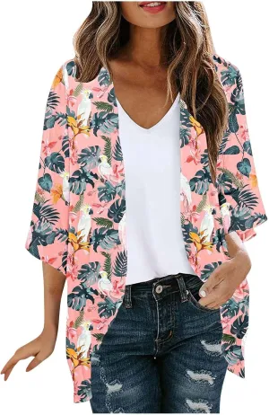 Summer Lightweight Cardigan Rash Guard for Women 3/4 Sleeve Chiffon Kimono Shrug Beach Cover Ups Floral Beach Coverup