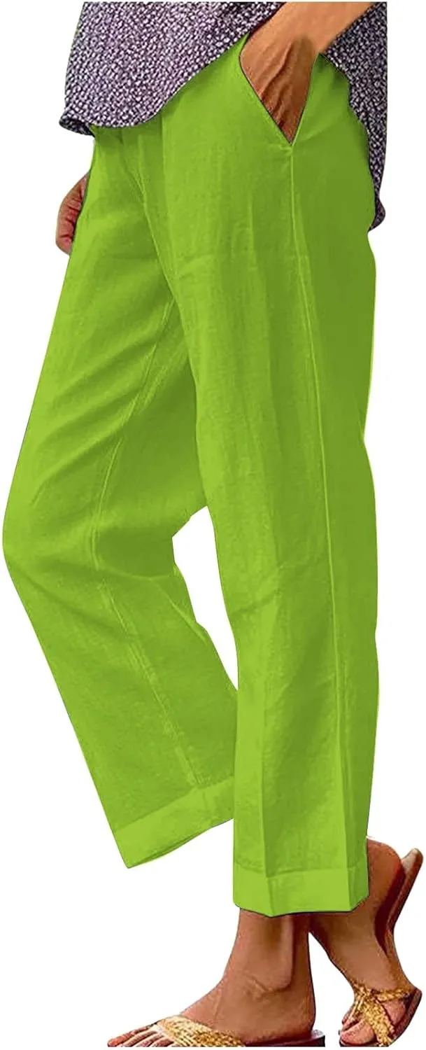 Summer Linen Capri Pants High Waisted Wide Leg Lounge Trousers Comfy Soft Trousers Trendy Casual Resort Wear