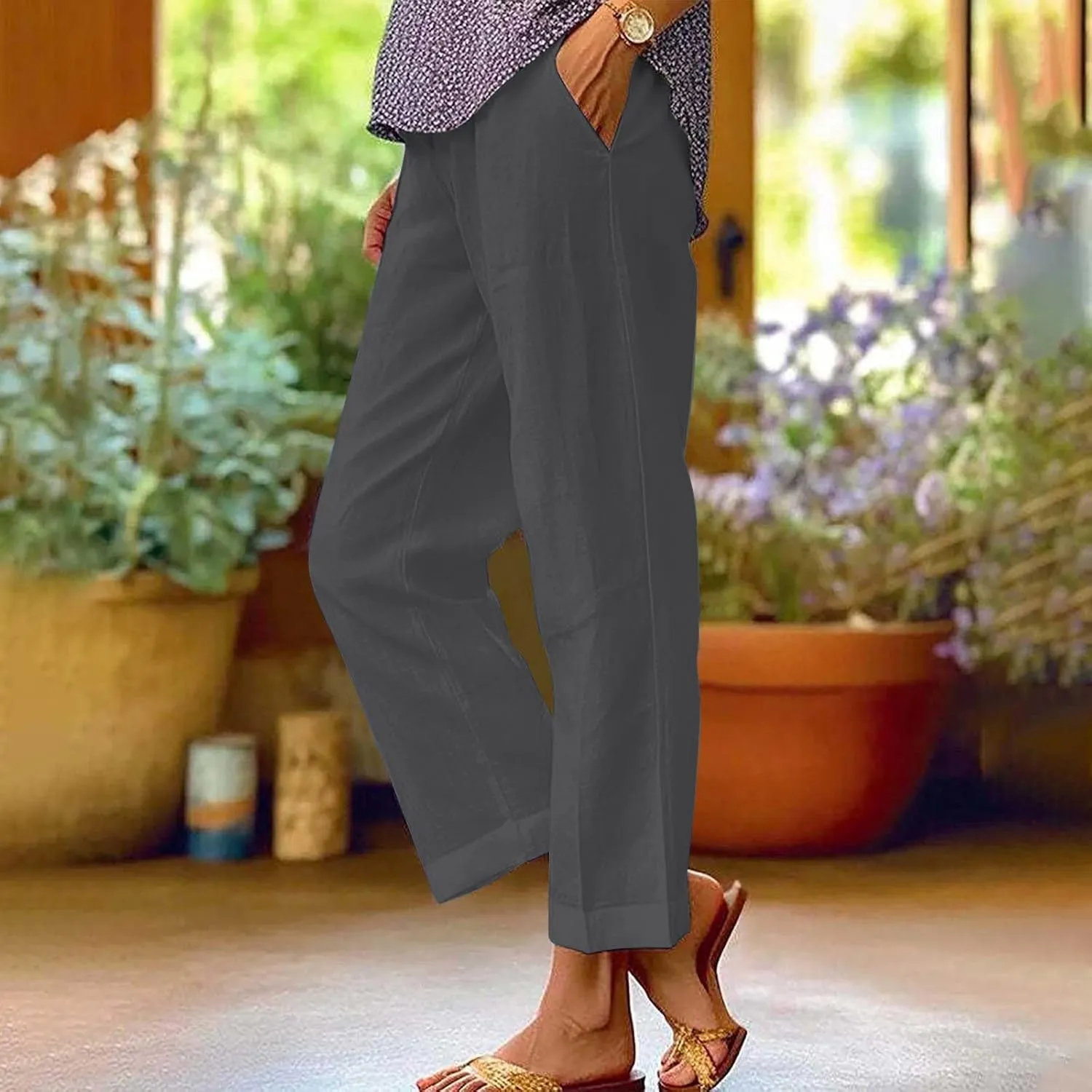 Summer Linen Capri Pants High Waisted Wide Leg Lounge Trousers Comfy Soft Trousers Trendy Casual Resort Wear