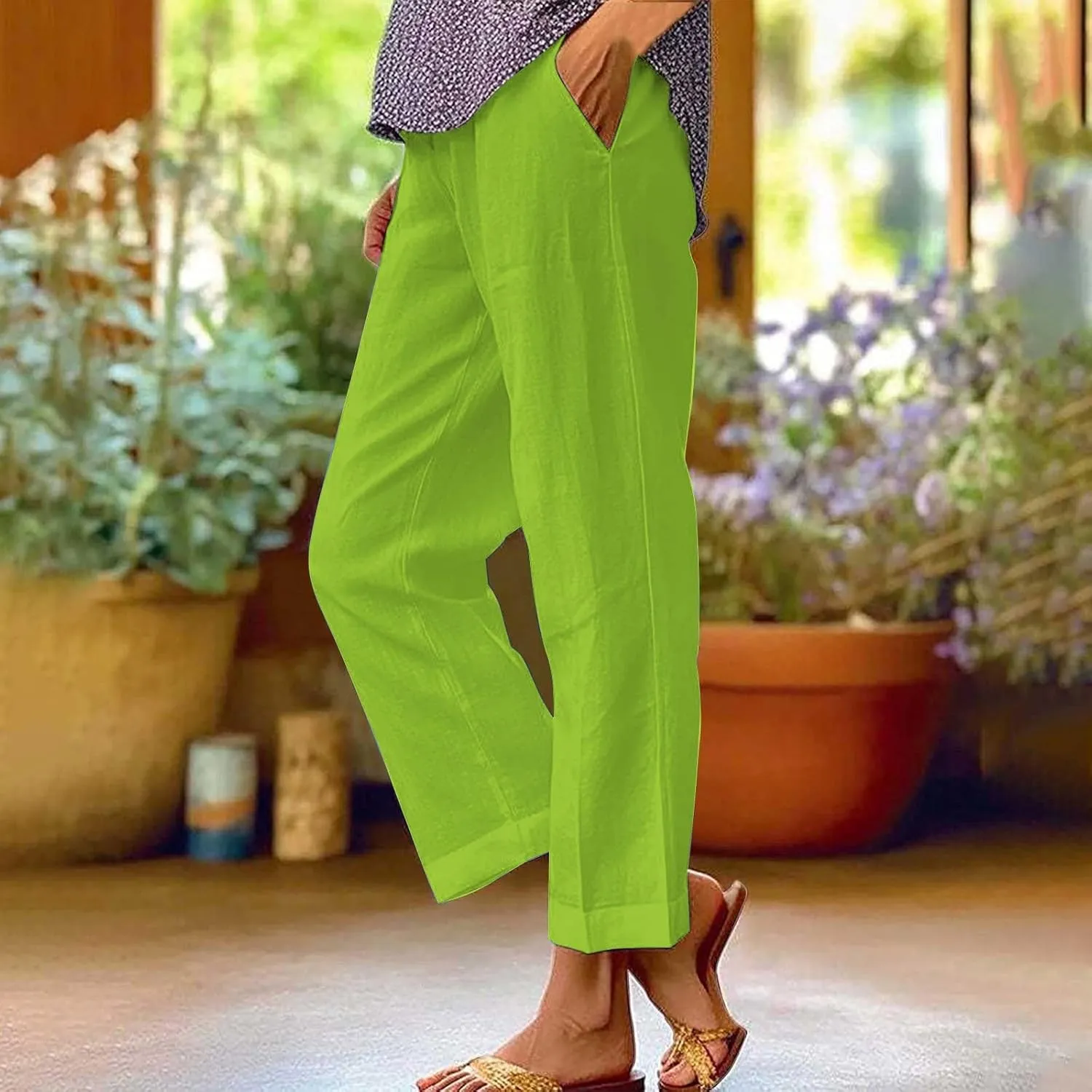 Summer Linen Capri Pants High Waisted Wide Leg Lounge Trousers Comfy Soft Trousers Trendy Casual Resort Wear