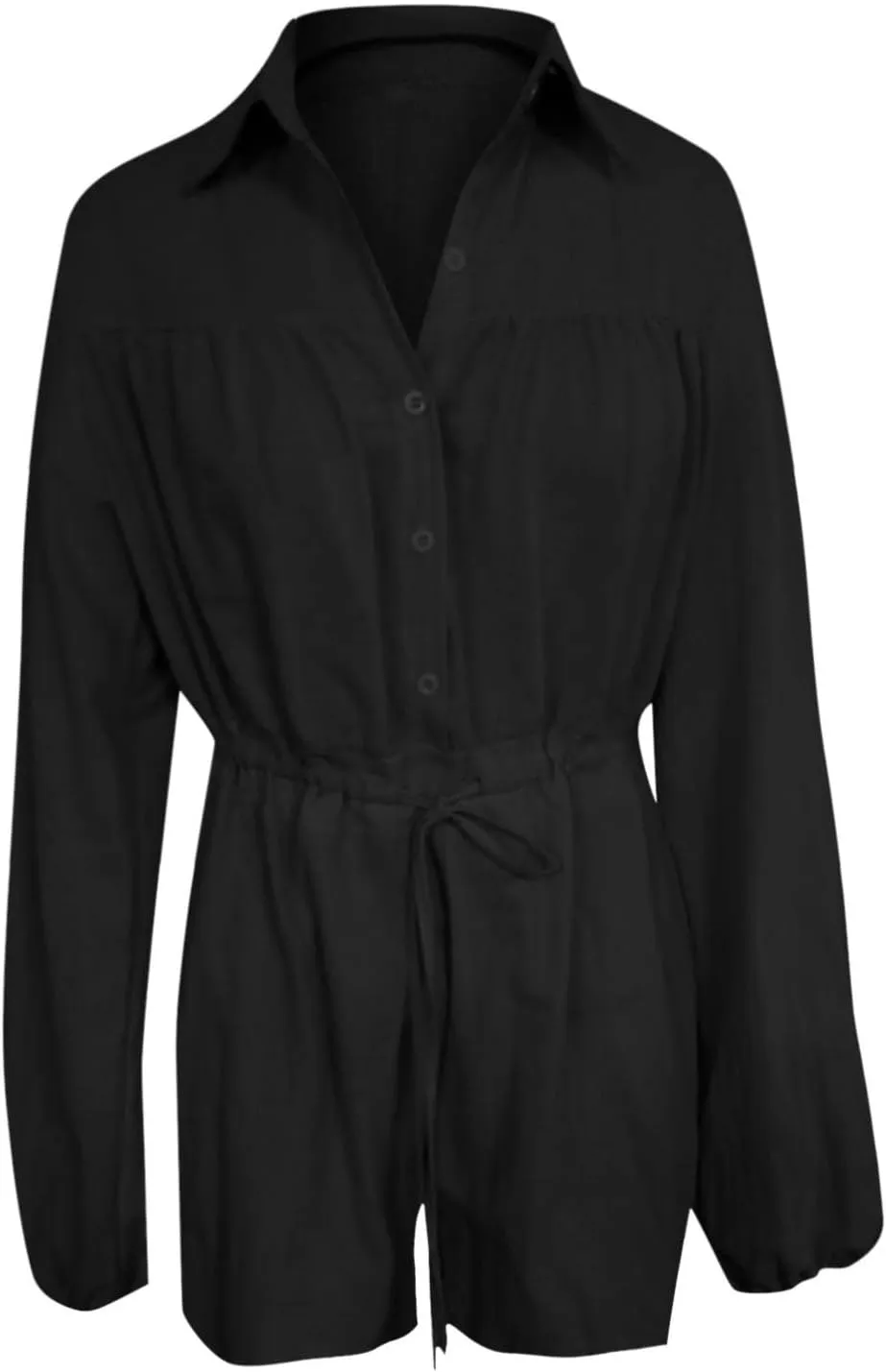 Summer Long Sleeve Button Down Pockets Shorts Rompers Drawstring Loose Casual Beach Linen Jumpsuits Pajamas