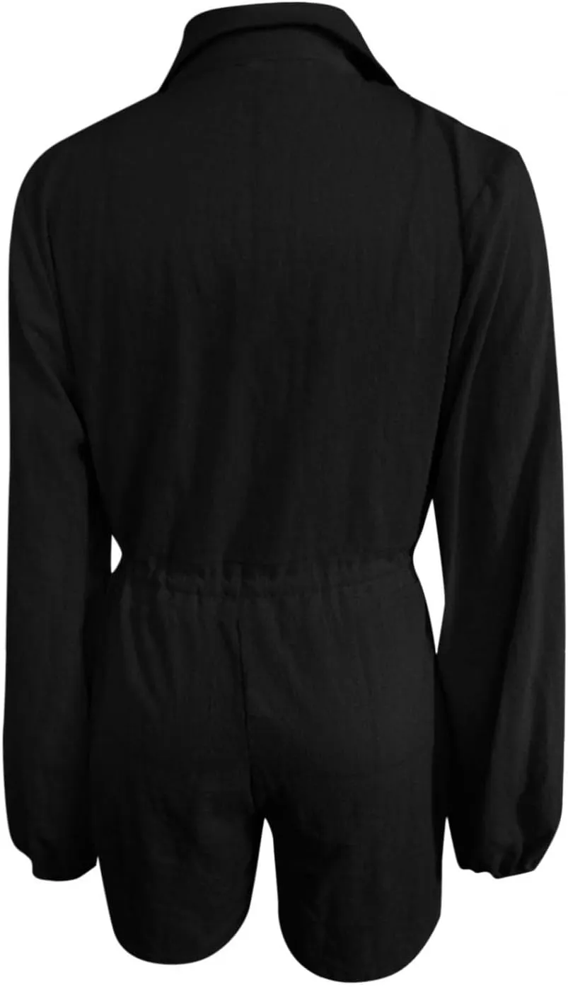 Summer Long Sleeve Button Down Pockets Shorts Rompers Drawstring Loose Casual Beach Linen Jumpsuits Pajamas