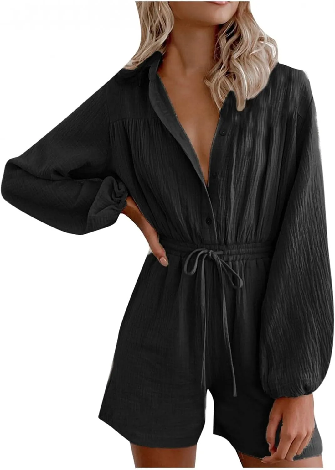 Summer Long Sleeve Button Down Pockets Shorts Rompers Drawstring Loose Casual Beach Linen Jumpsuits Pajamas