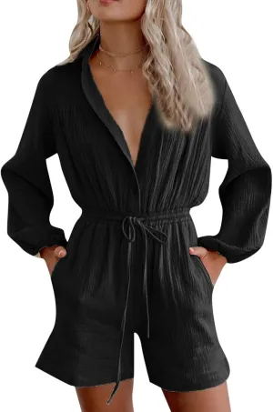 Summer Long Sleeve Button Down Pockets Shorts Rompers Drawstring Loose Casual Beach Linen Jumpsuits Pajamas