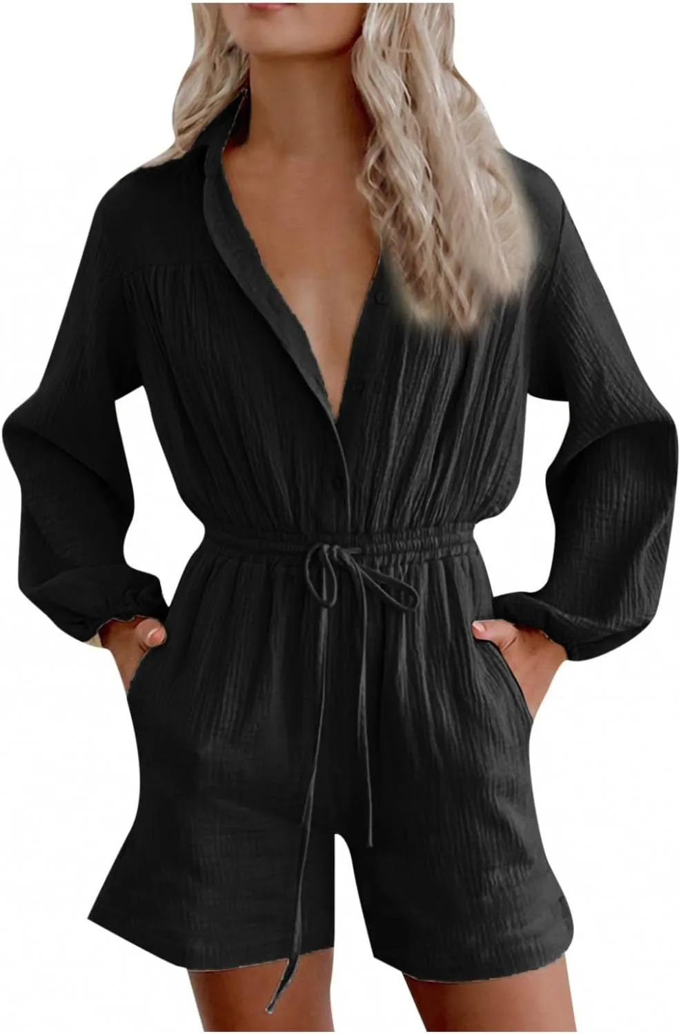Summer Long Sleeve Button Down Pockets Shorts Rompers Drawstring Loose Casual Beach Linen Jumpsuits Pajamas