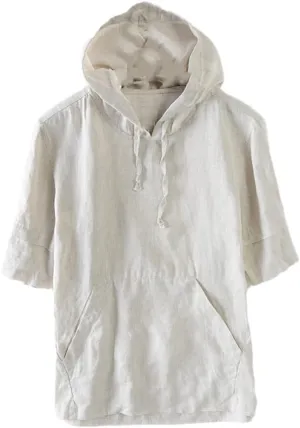 Summer Men Linen Kangaroo Pocket Half Sleeve Hooded T-Shirts