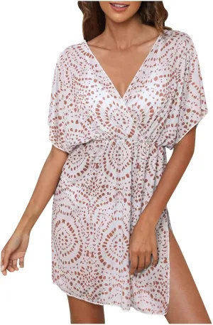 Swimsuit CoverUp for Women Sexy V Neck Beach Cover Ups Open Backless Casual Smock Summer Vacation Outfits