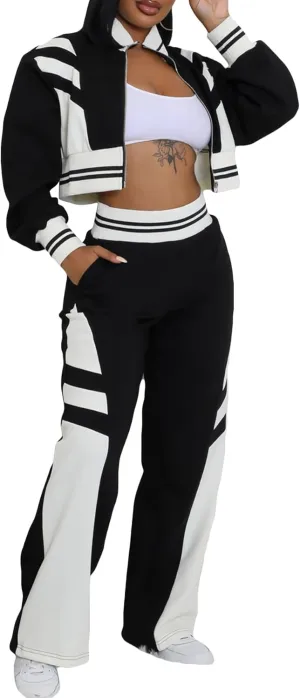 Tbahhir Casual Outfits for Women 2 Piece Color Block Tracksuit Long Sleeve Crop Top and High Waist Pants Jogger Sets
