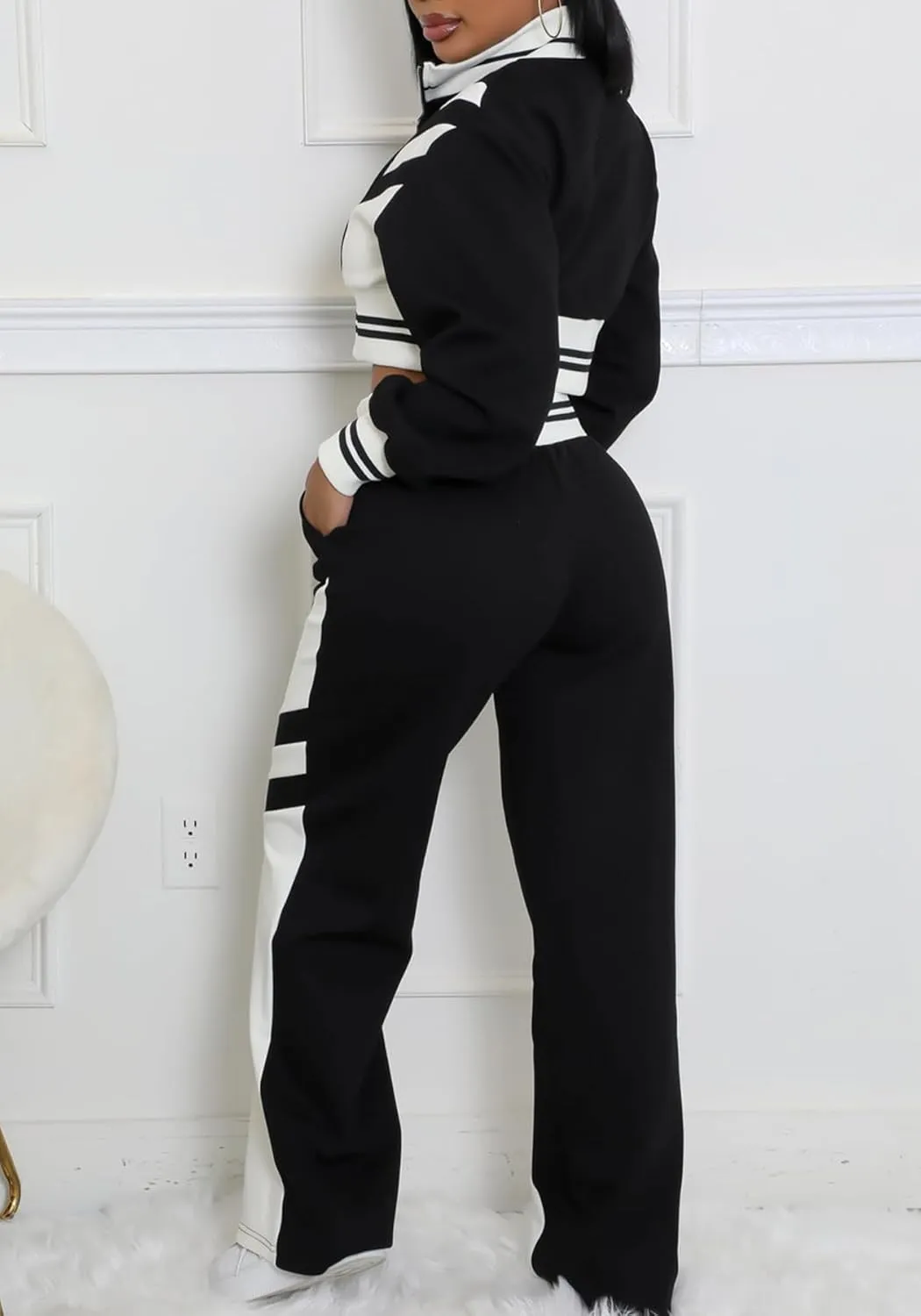 Tbahhir Casual Outfits for Women 2 Piece Color Block Tracksuit Long Sleeve Crop Top and High Waist Pants Jogger Sets