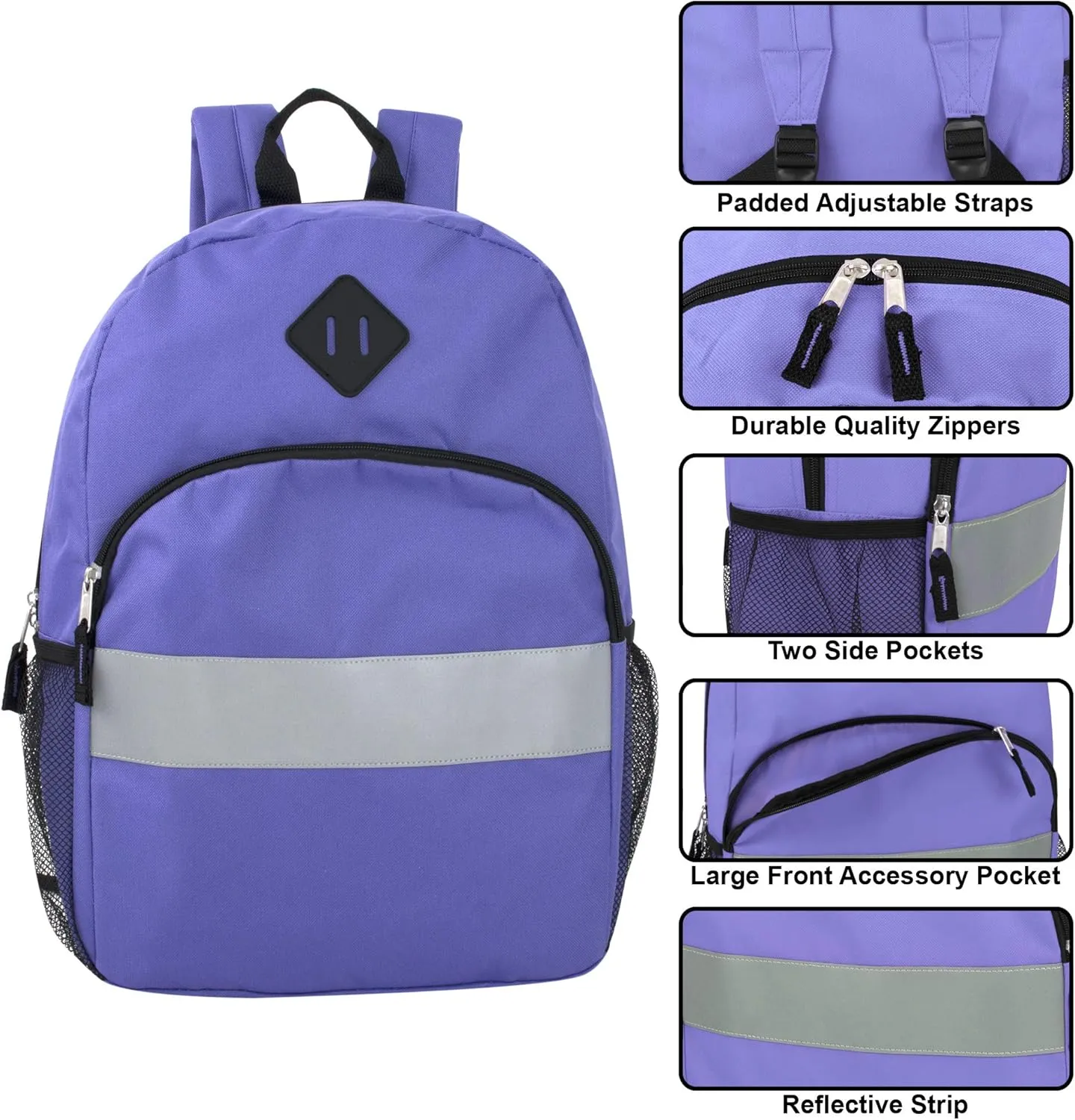 Trail maker Kids Reflective Backpack for School, Colorful Backpack with Reflector Strips, Side Pocket, Padded Straps (Purple)