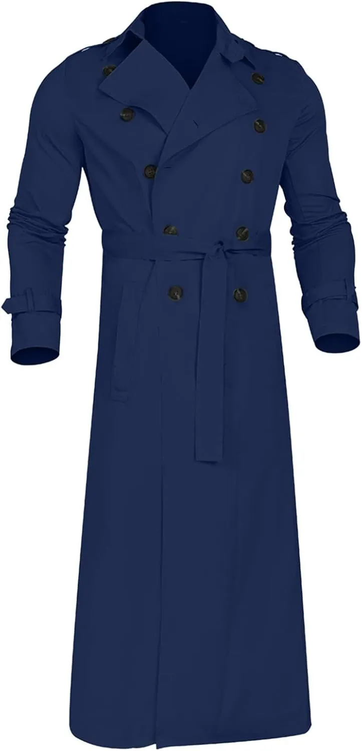 Trench Coat Men Long Double Breasted Trench Coat Belted Lightweight Jacket Notched Lapel Jacket Windbreaker Overcoats