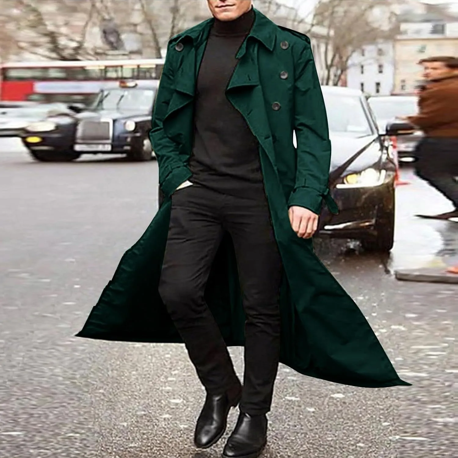 Trench Coat Men Long Double Breasted Trench Coat Belted Lightweight Jacket Notched Lapel Jacket Windbreaker Overcoats