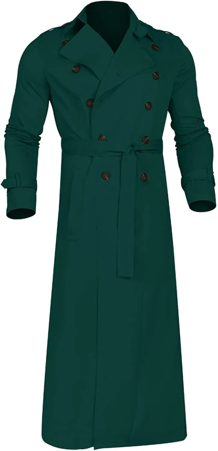 Trench Coat Men Long Double Breasted Trench Coat Belted Lightweight Jacket Notched Lapel Jacket Windbreaker Overcoats