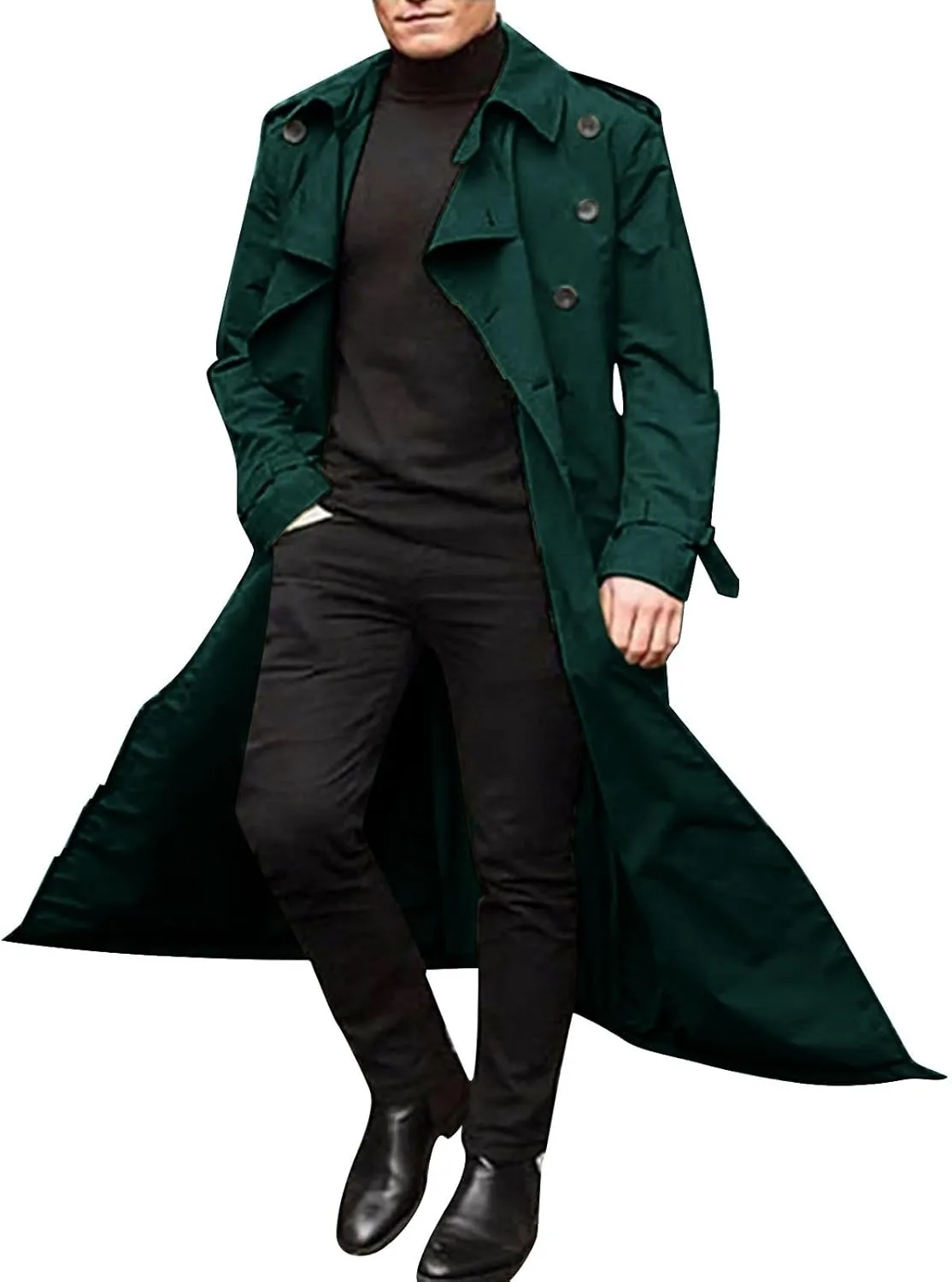 Trench Coat Men Long Double Breasted Trench Coat Belted Lightweight Jacket Notched Lapel Jacket Windbreaker Overcoats
