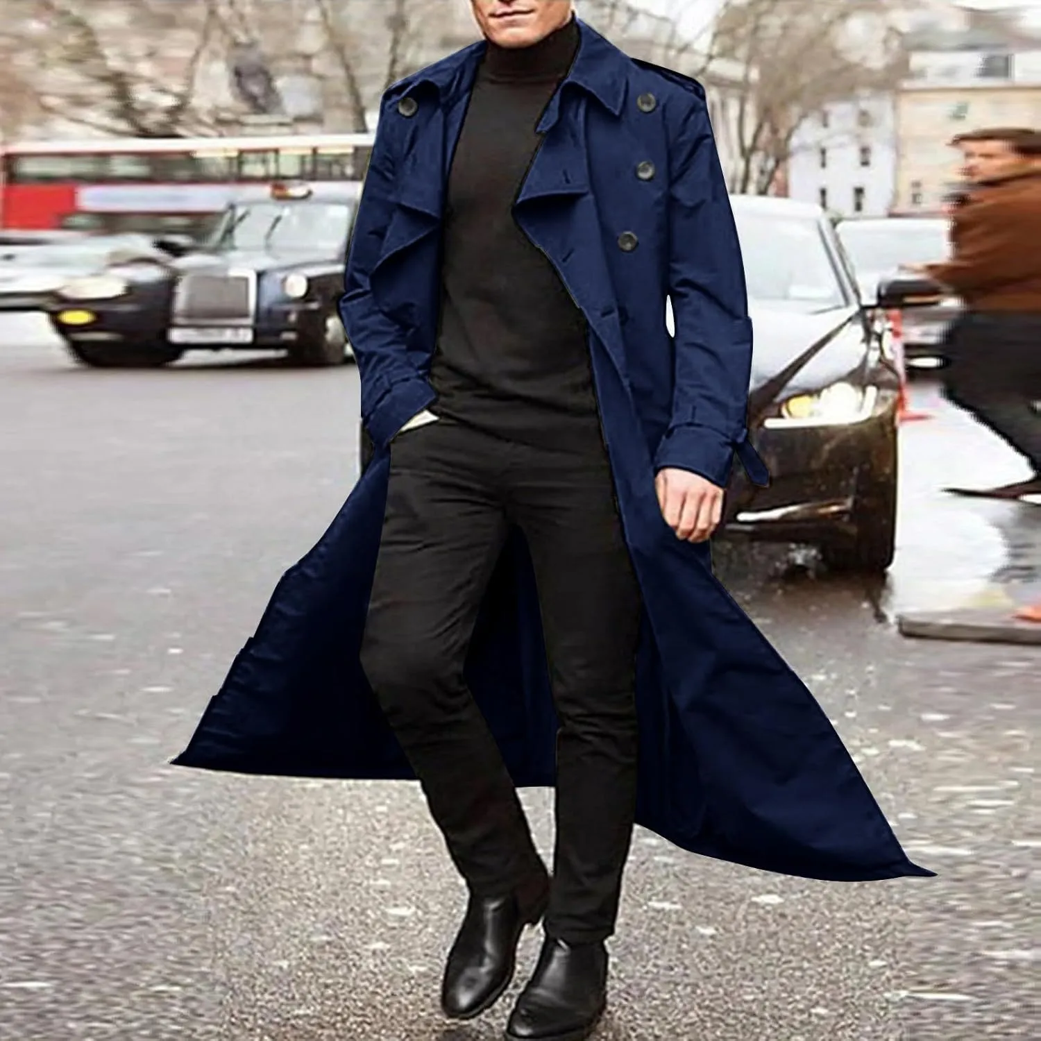 Trench Coat Men Long Double Breasted Trench Coat Belted Lightweight Jacket Notched Lapel Jacket Windbreaker Overcoats