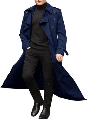 Trench Coat Men Long Double Breasted Trench Coat Belted Lightweight Jacket Notched Lapel Jacket Windbreaker Overcoats