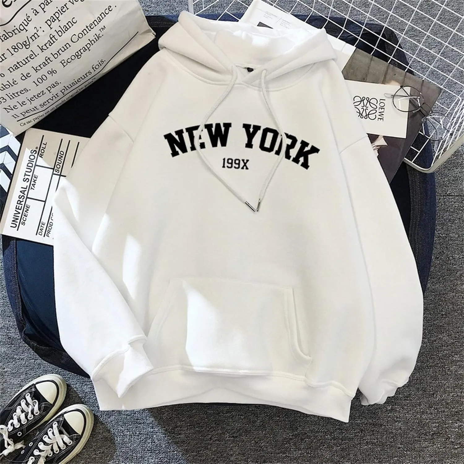 Wankang Graphic Hoodies for Men Women Unisex New York Print Hooded Sweatshirt Pullover Crewneck Sweaters Stylish Fall Tops