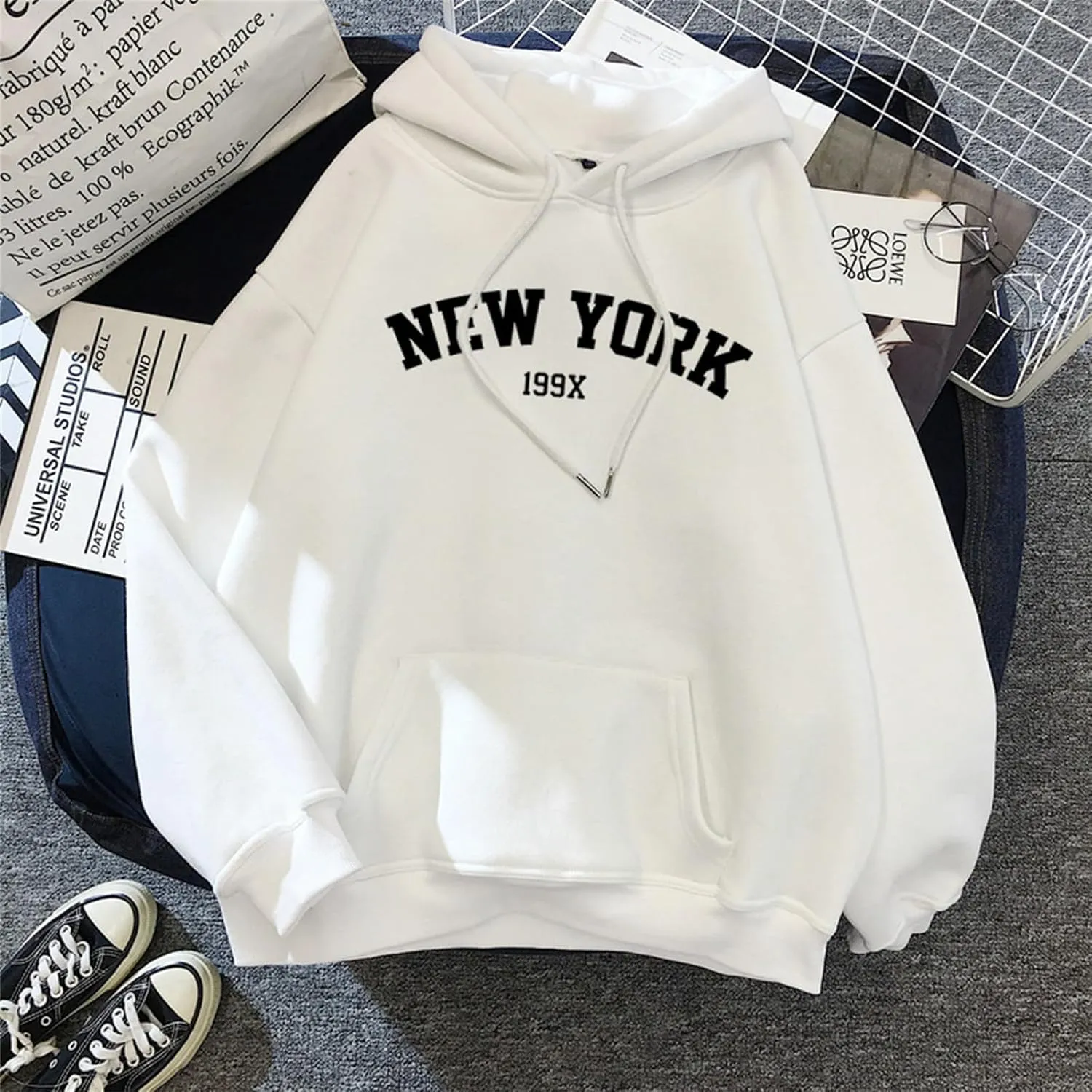 Wankang Graphic Hoodies for Men Women Unisex New York Print Hooded Sweatshirt Pullover Crewneck Sweaters Stylish Fall Tops