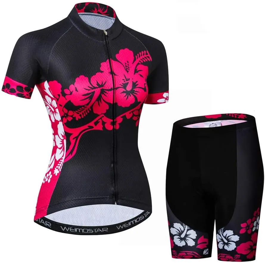 Weimostar Women's Short Sleeve Cycling Jersey Gel Padded Shorts Set MTB Sportswear Reflective
