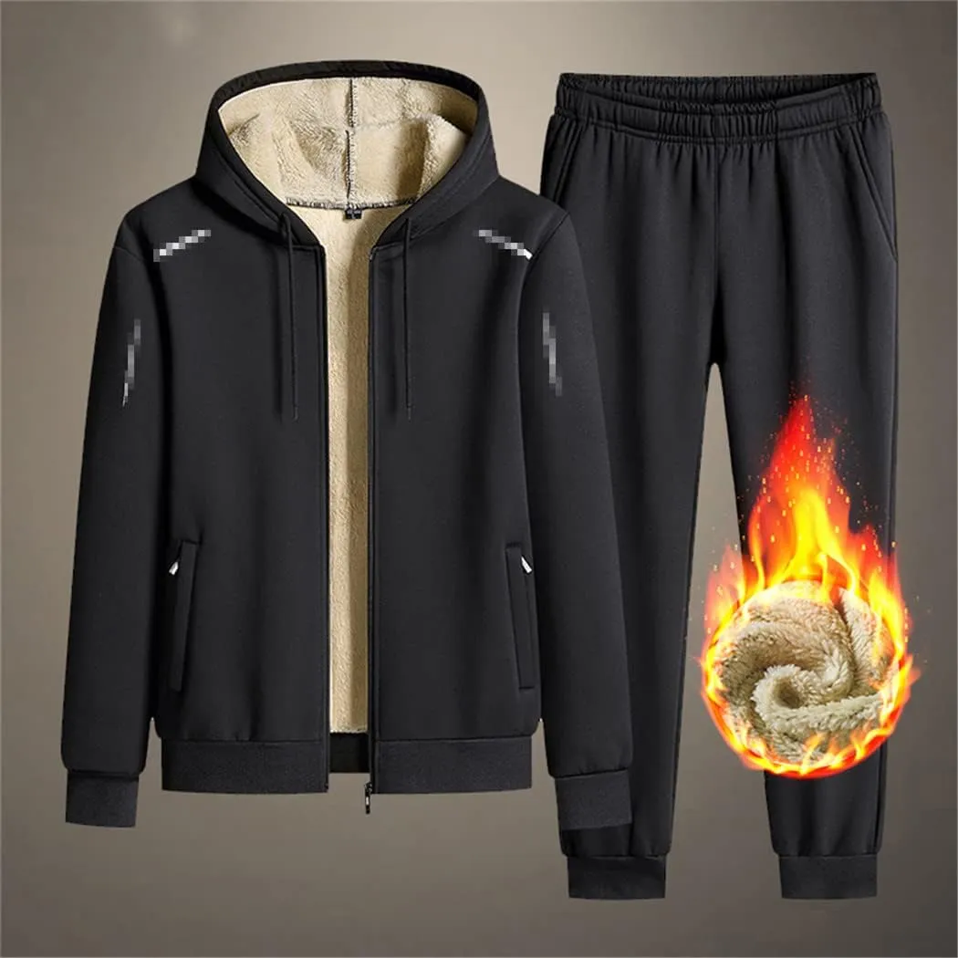 Winter Fleece Men Tracksuit Sports Suit Casual Hooded Sportswear Zipper Hooded Jacket Elastic Pant 2-Piece Set
