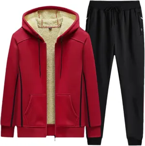 Winter Fleece Men Tracksuit Sports Suit Casual Hooded Sportswear Zipper Hooded Jacket Elastic Pant 2-Piece Set