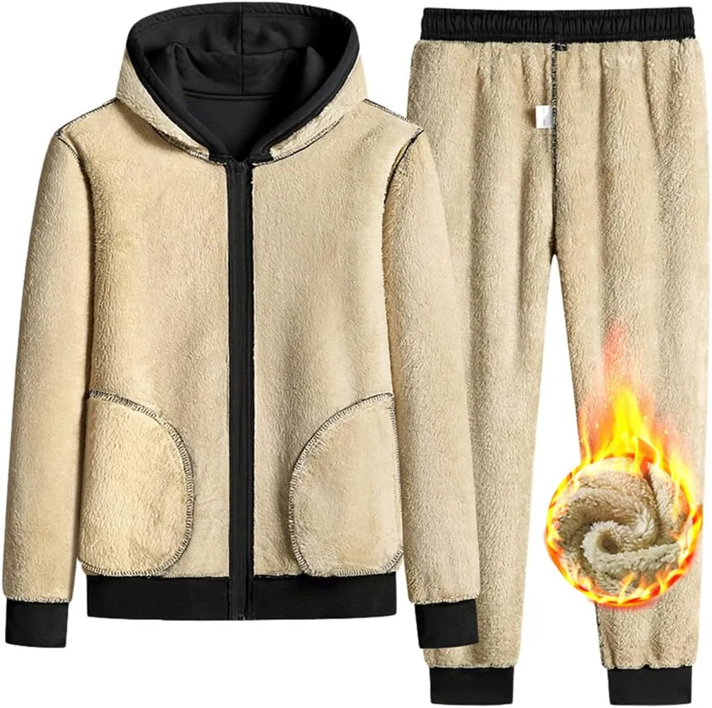 Winter Fleece Men Tracksuit Sports Suit Casual Hooded Sportswear Zipper Hooded Jacket Elastic Pant 2-Piece Set