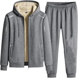 Winter Fleece Men Tracksuit Sports Suit Casual Hooded Sportswear Zipper Hooded Jacket Elastic Pant 2-Piece Set