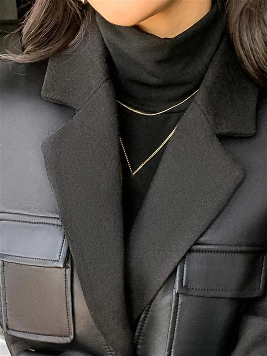Women Autumn Black Wool Blends Patchwork Leather Jacket With Many Pockets Long Sleeve Single Breasted Coat